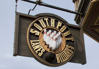 Image of Southport Lanes Sign, Lakeview Chicago Signs, Gold Leaf Signs  Chicago, Sandblasted Signage Chicago